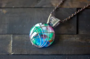 Copper Wire Wrapped Pendant with Multicolored Fused Glass Cabochon