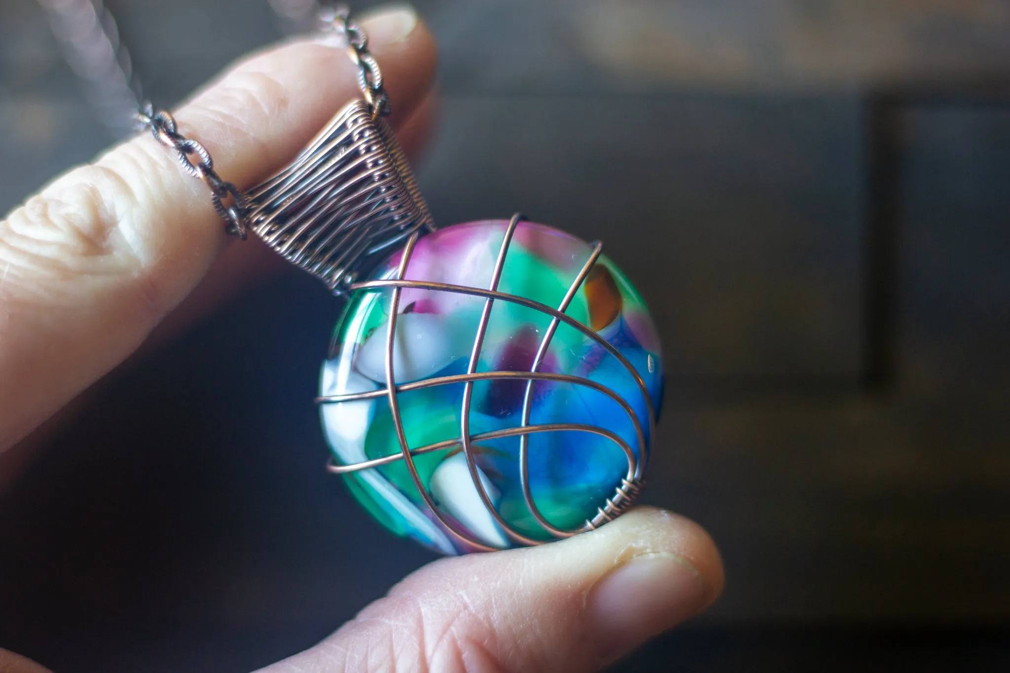 Copper Wire Wrapped Pendant with Multicolored Fused Glass Cabochon