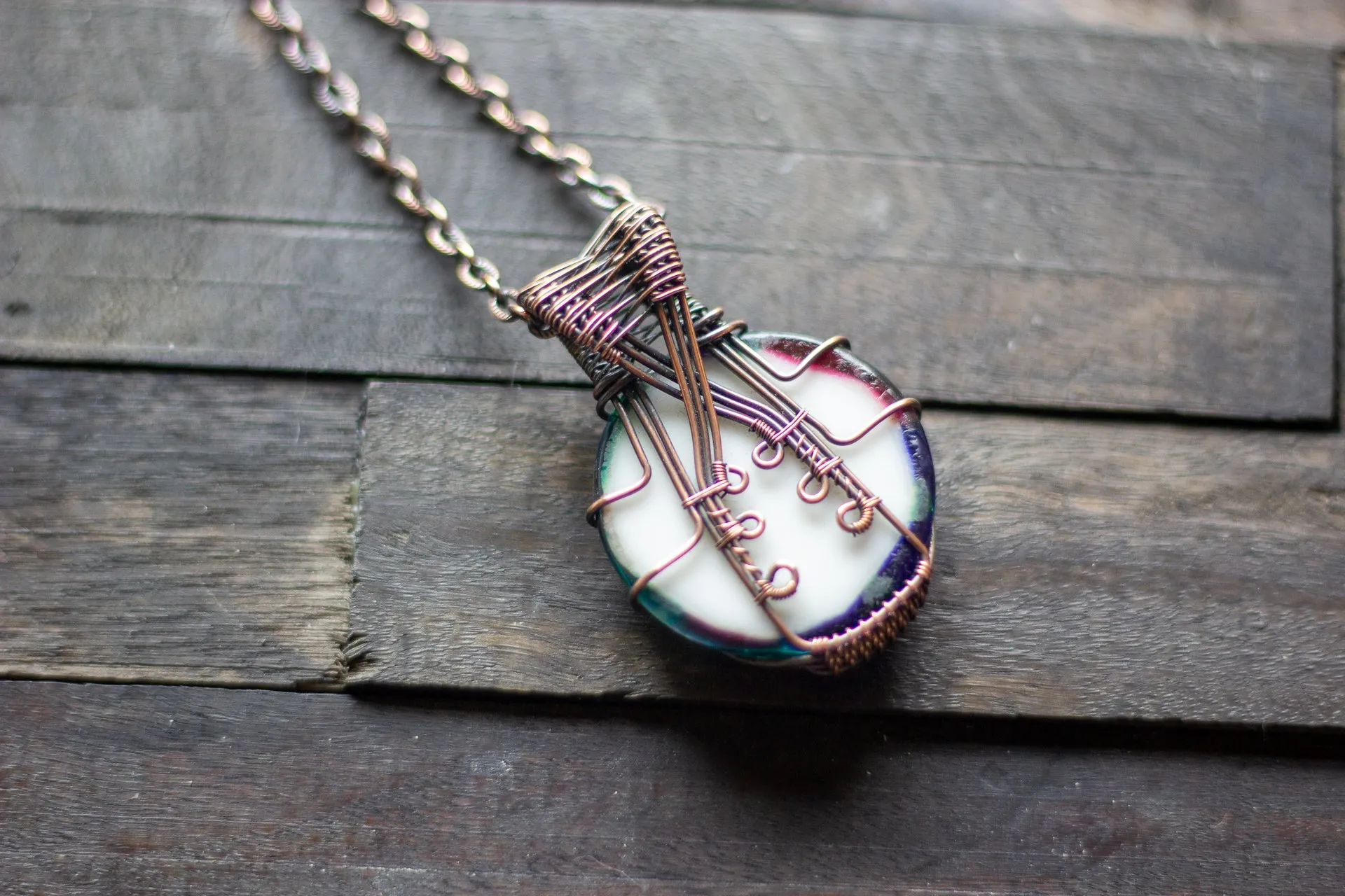 Copper Wire Wrapped Pendant with Multicolored Fused Glass Cabochon