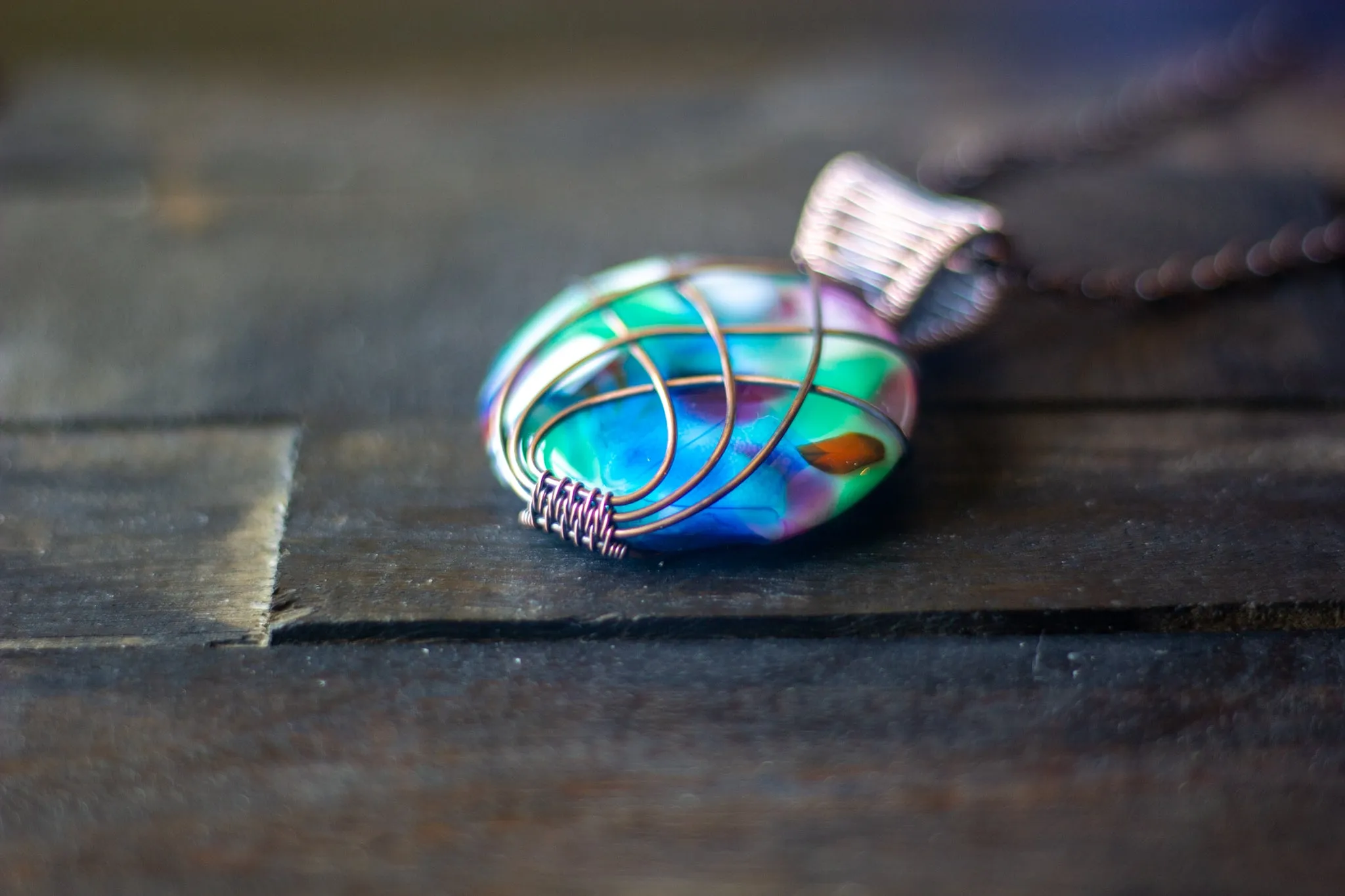 Copper Wire Wrapped Pendant with Multicolored Fused Glass Cabochon
