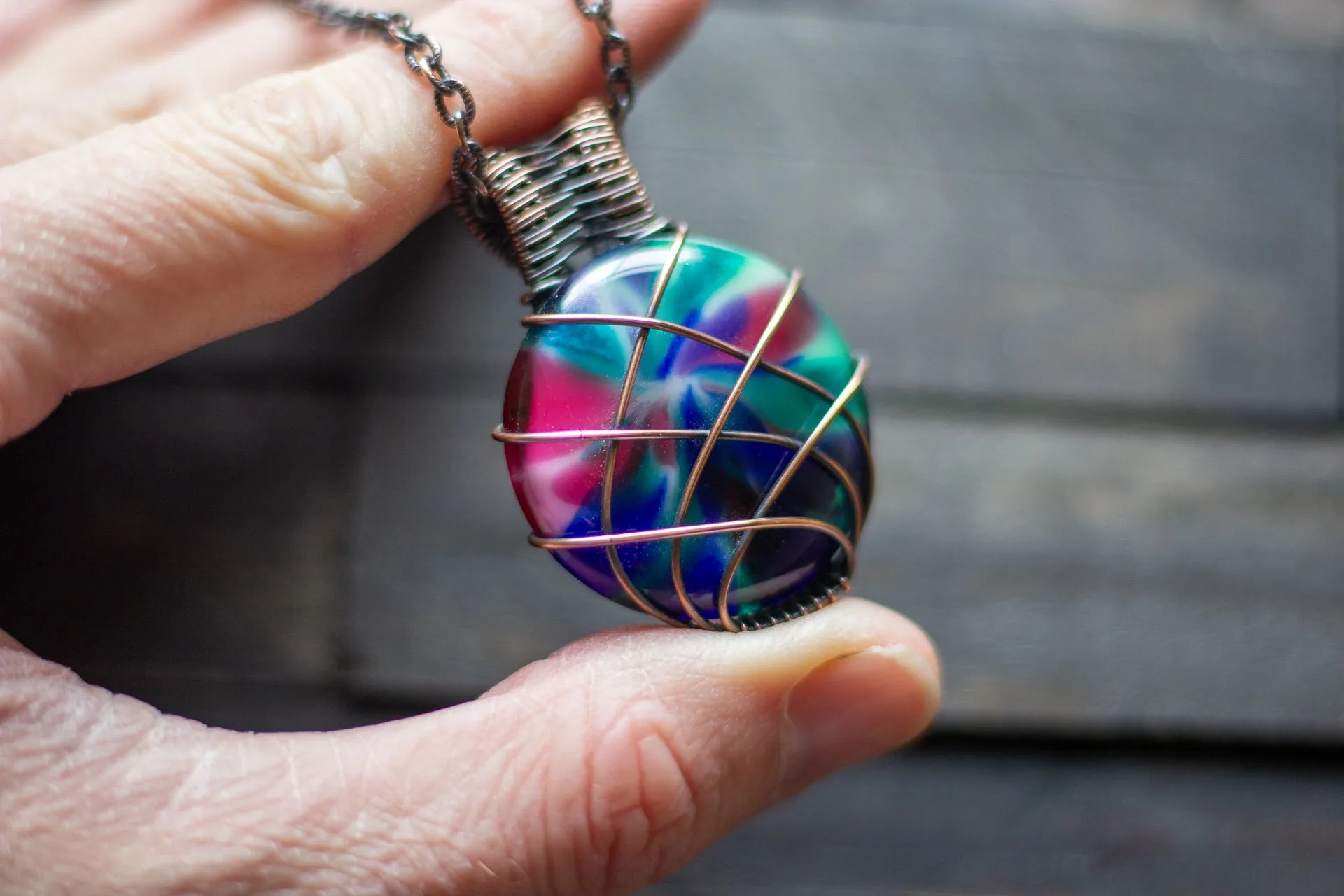Copper Wire Wrapped Pendant with Multicolored Fused Glass Cabochon