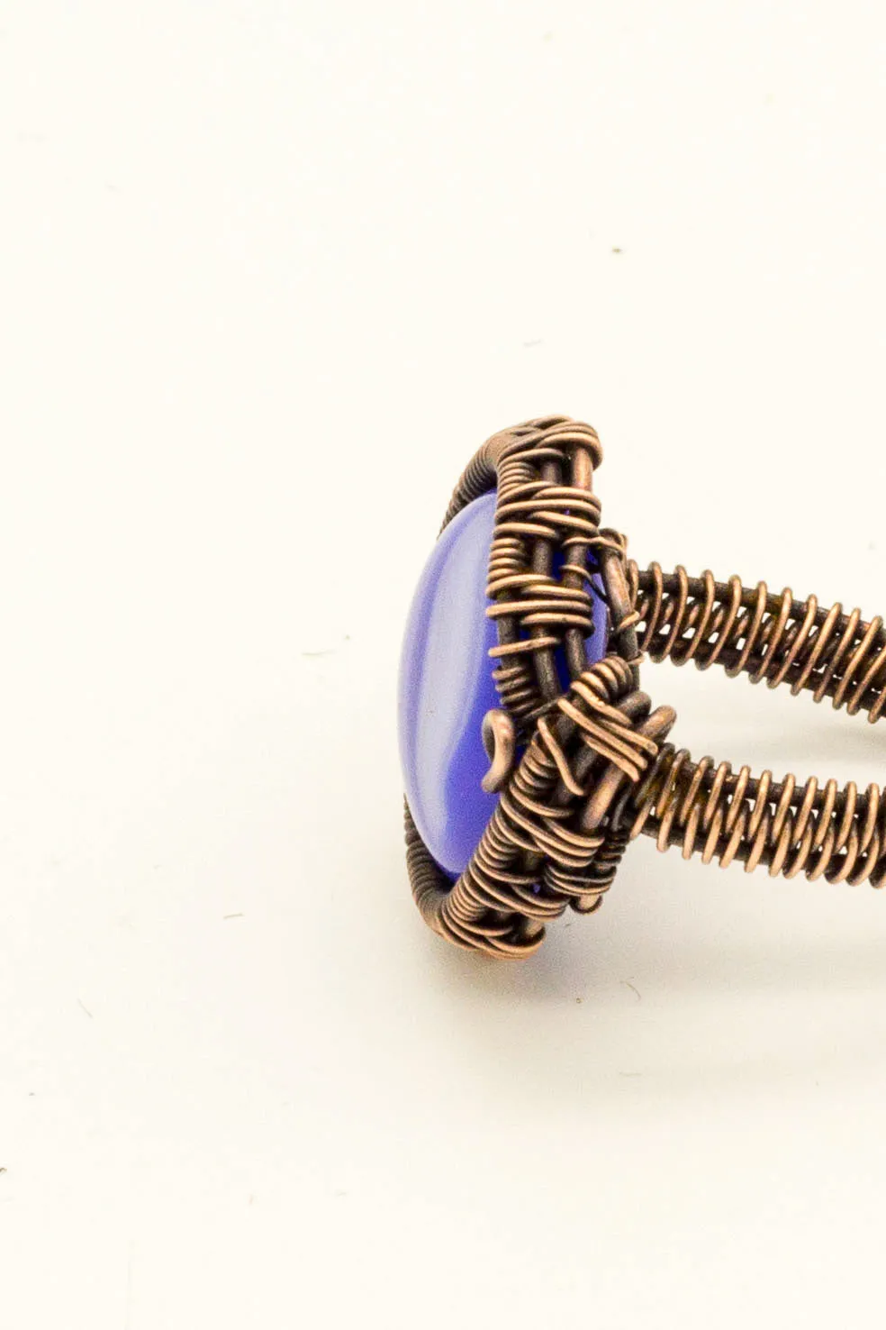 Copper Wire Wrapped Ring with Blue Streaked Fused Glass