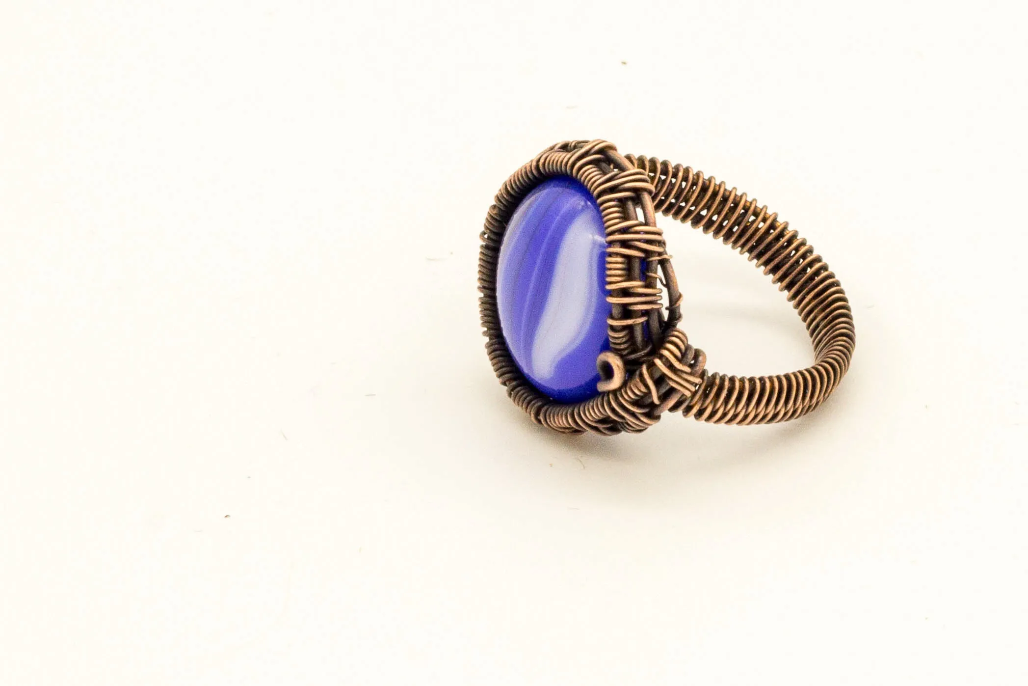 Copper Wire Wrapped Ring with Blue Streaked Fused Glass