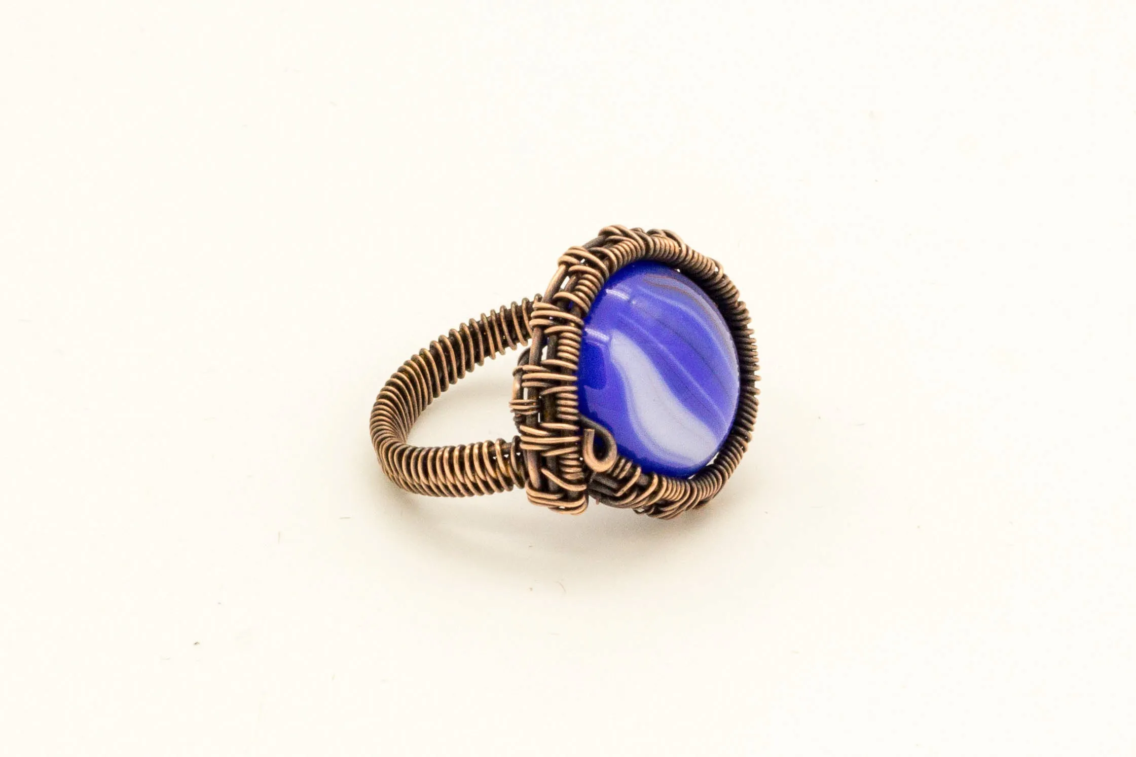 Copper Wire Wrapped Ring with Blue Streaked Fused Glass