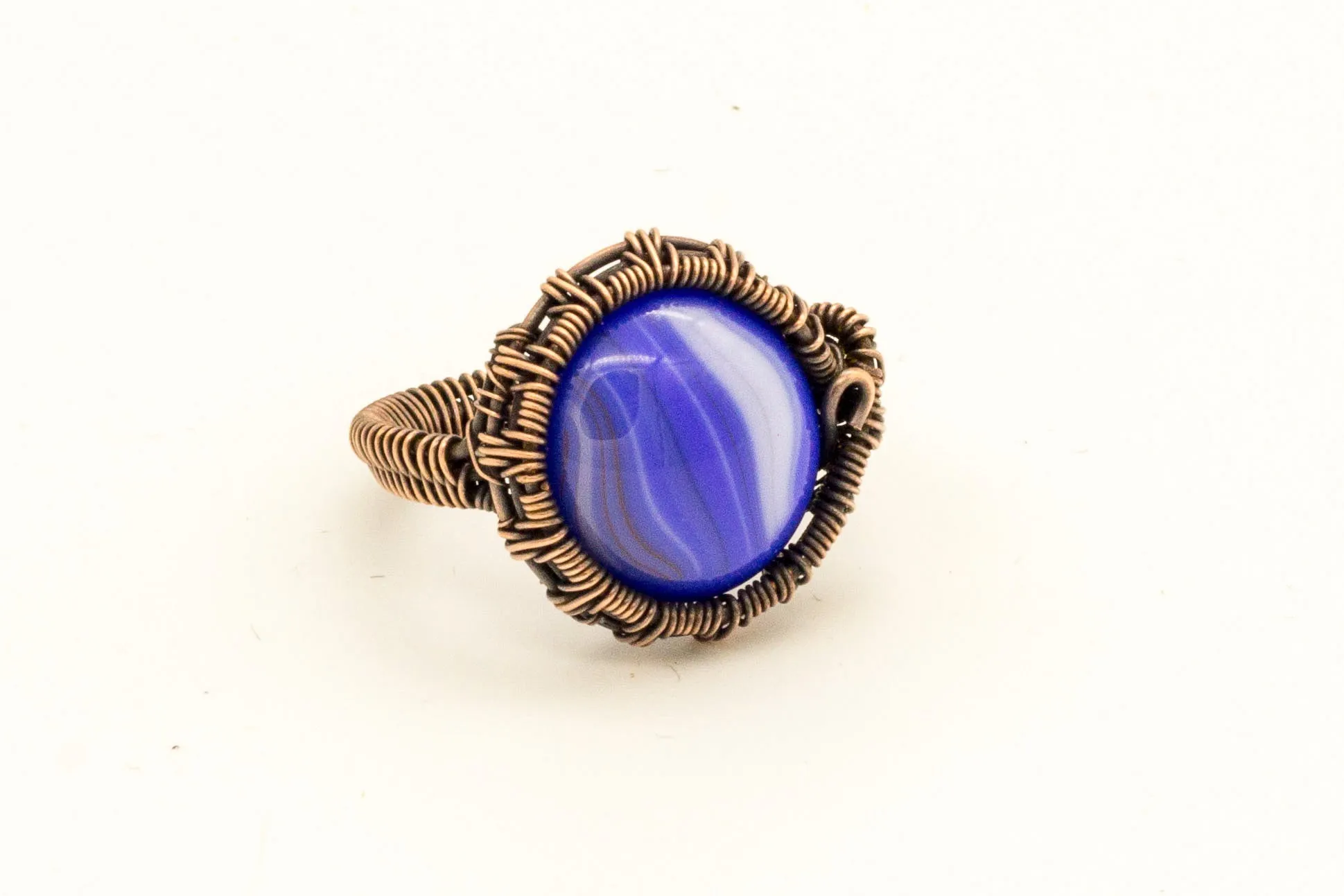 Copper Wire Wrapped Ring with Blue Streaked Fused Glass