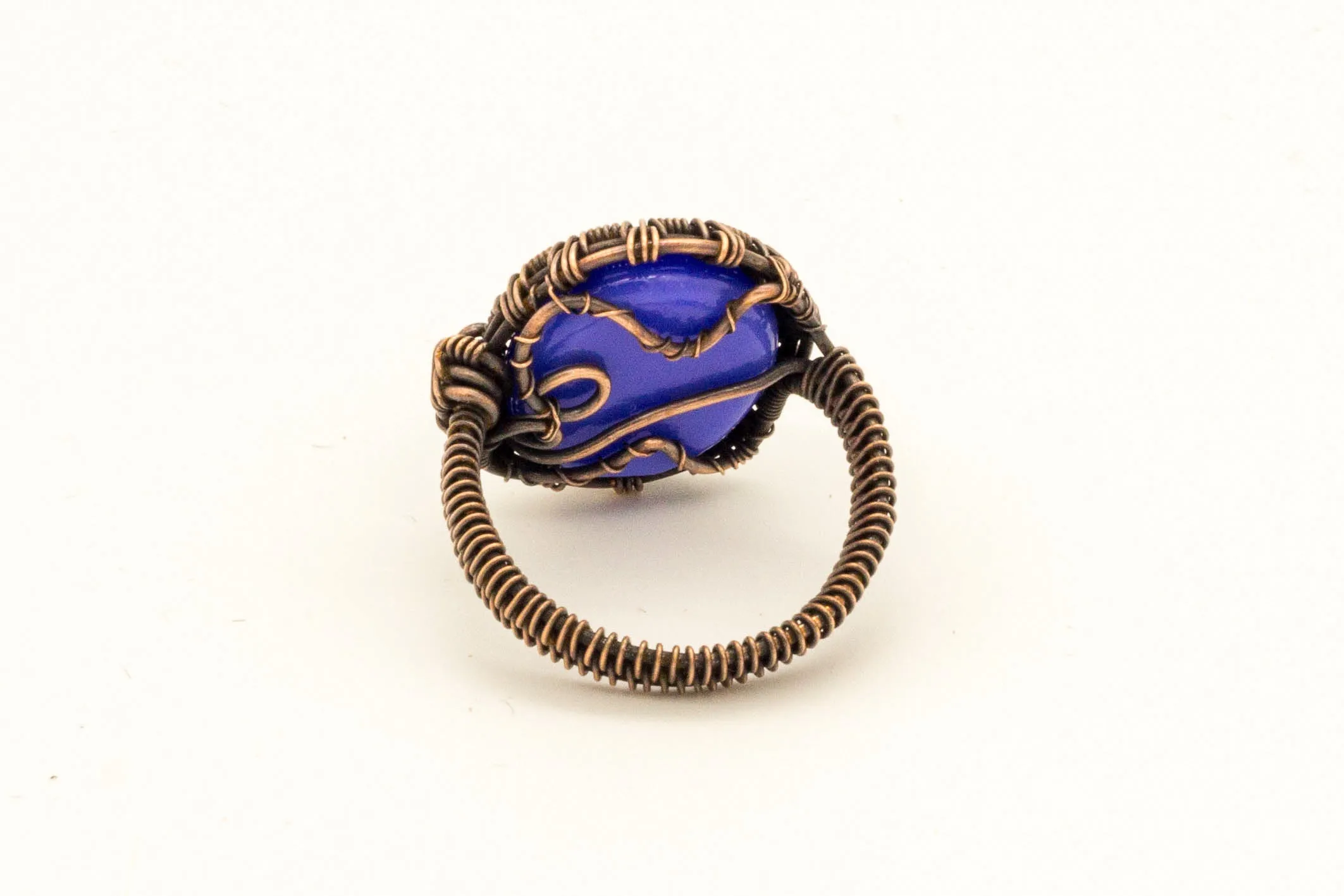 Copper Wire Wrapped Ring with Blue Streaked Fused Glass