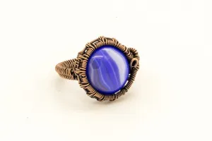 Copper Wire Wrapped Ring with Blue Streaked Fused Glass