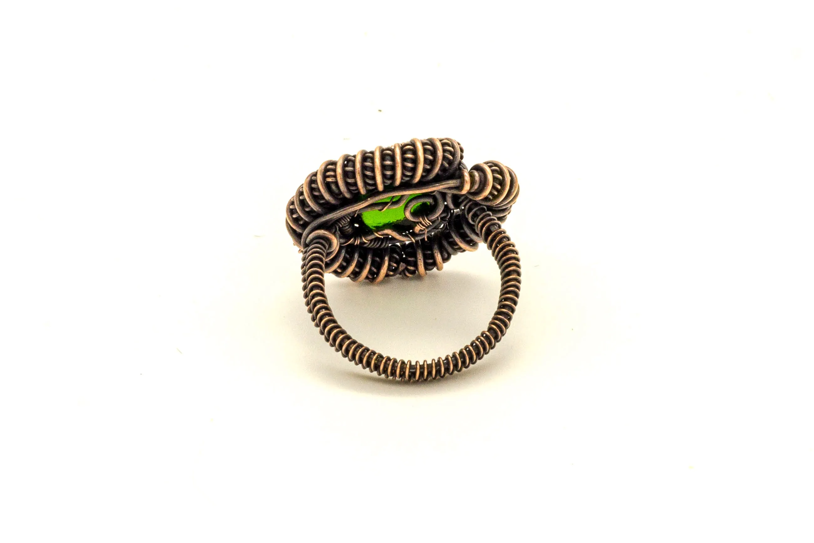 Copper Wire Wrapped Ring with Green Transparent Fused Glass Accent