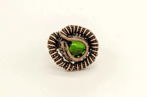 Copper Wire Wrapped Ring with Green Transparent Fused Glass Accent