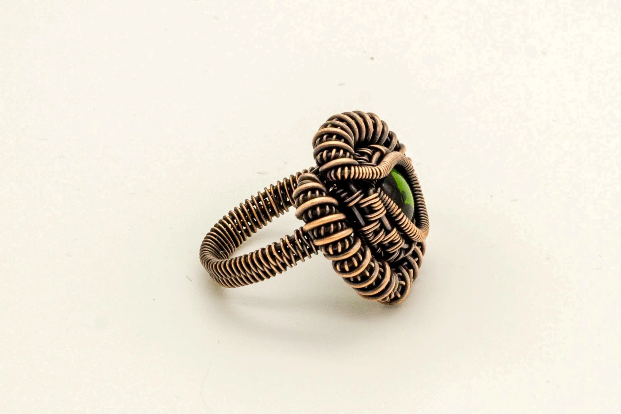 Copper Wire Wrapped Ring with Green Transparent Fused Glass Accent