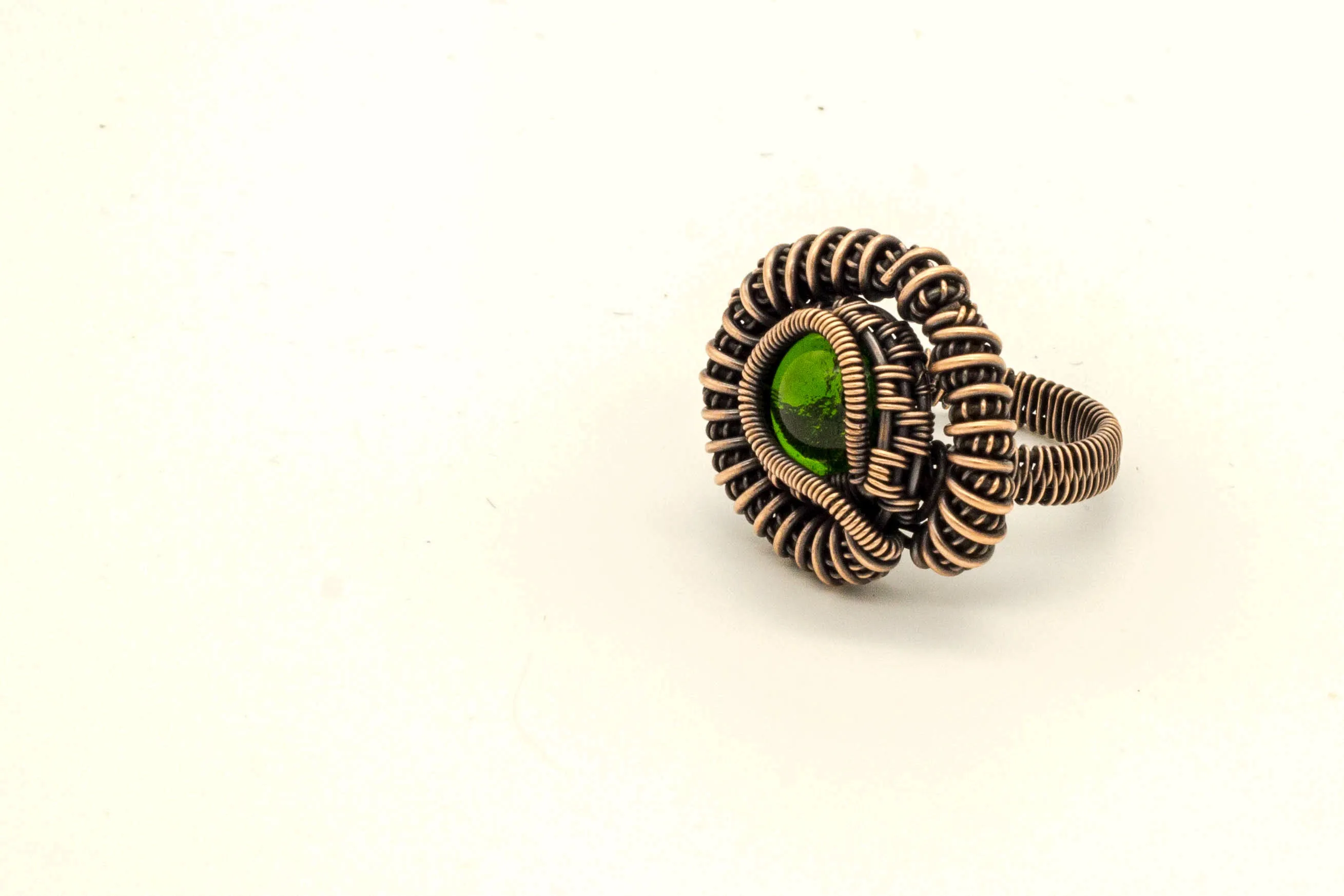Copper Wire Wrapped Ring with Green Transparent Fused Glass Accent