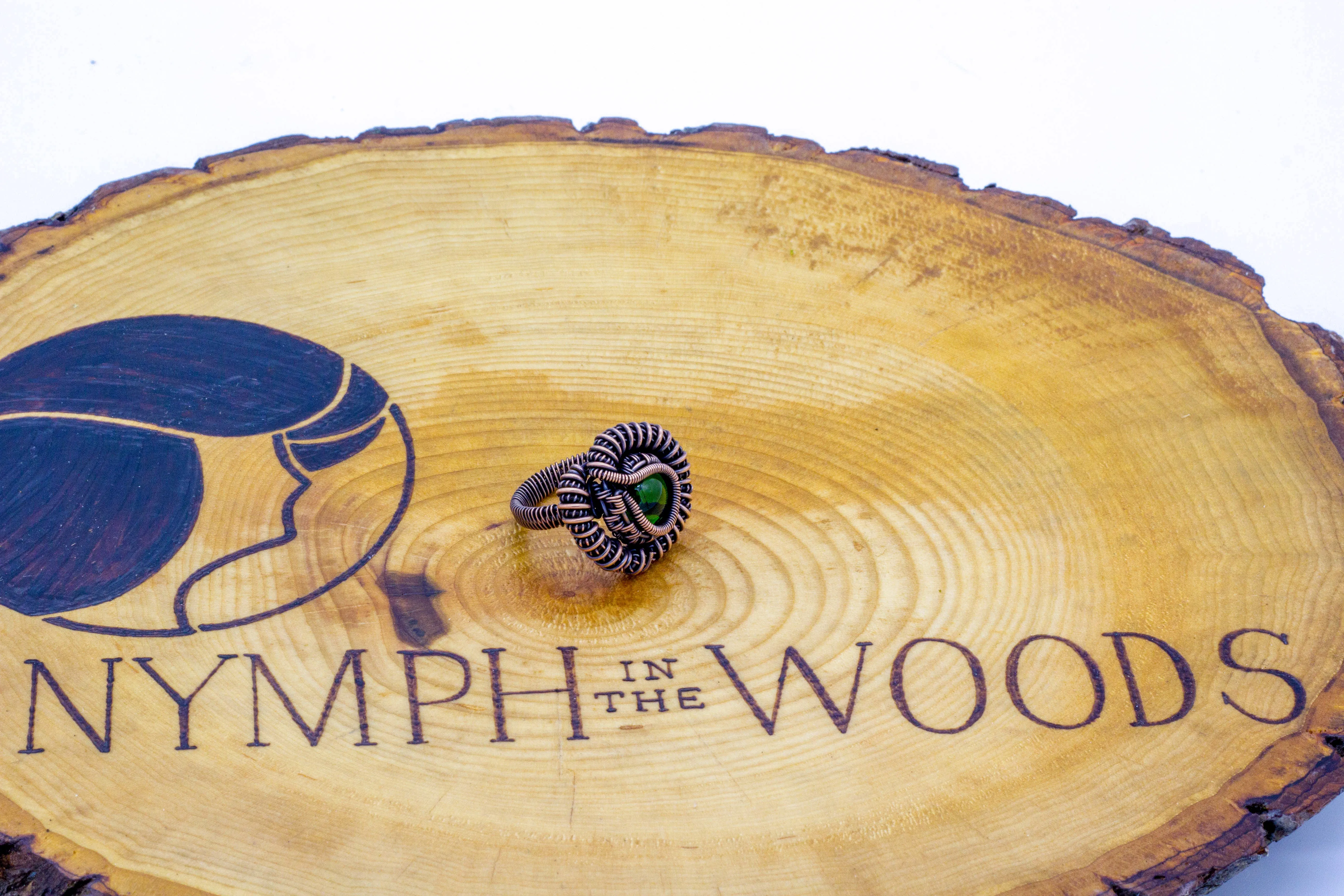 Copper Wire Wrapped Ring with Green Transparent Fused Glass Accent