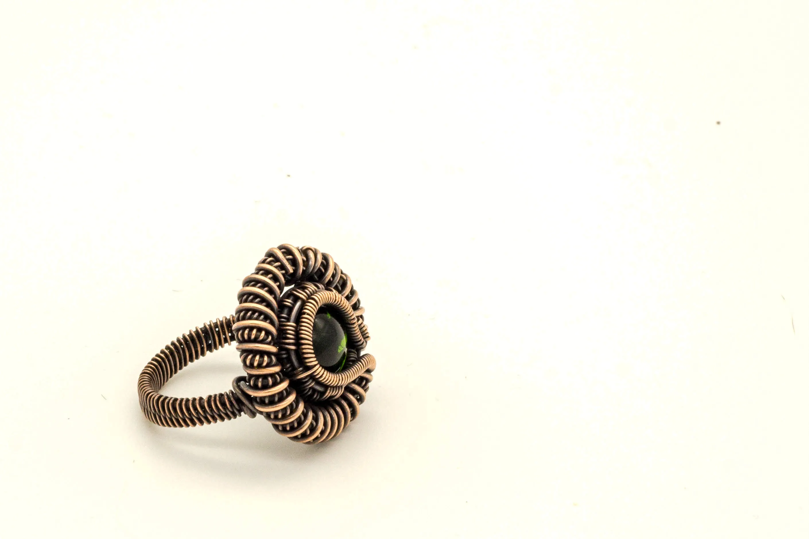 Copper Wire Wrapped Ring with Green Transparent Fused Glass Accent