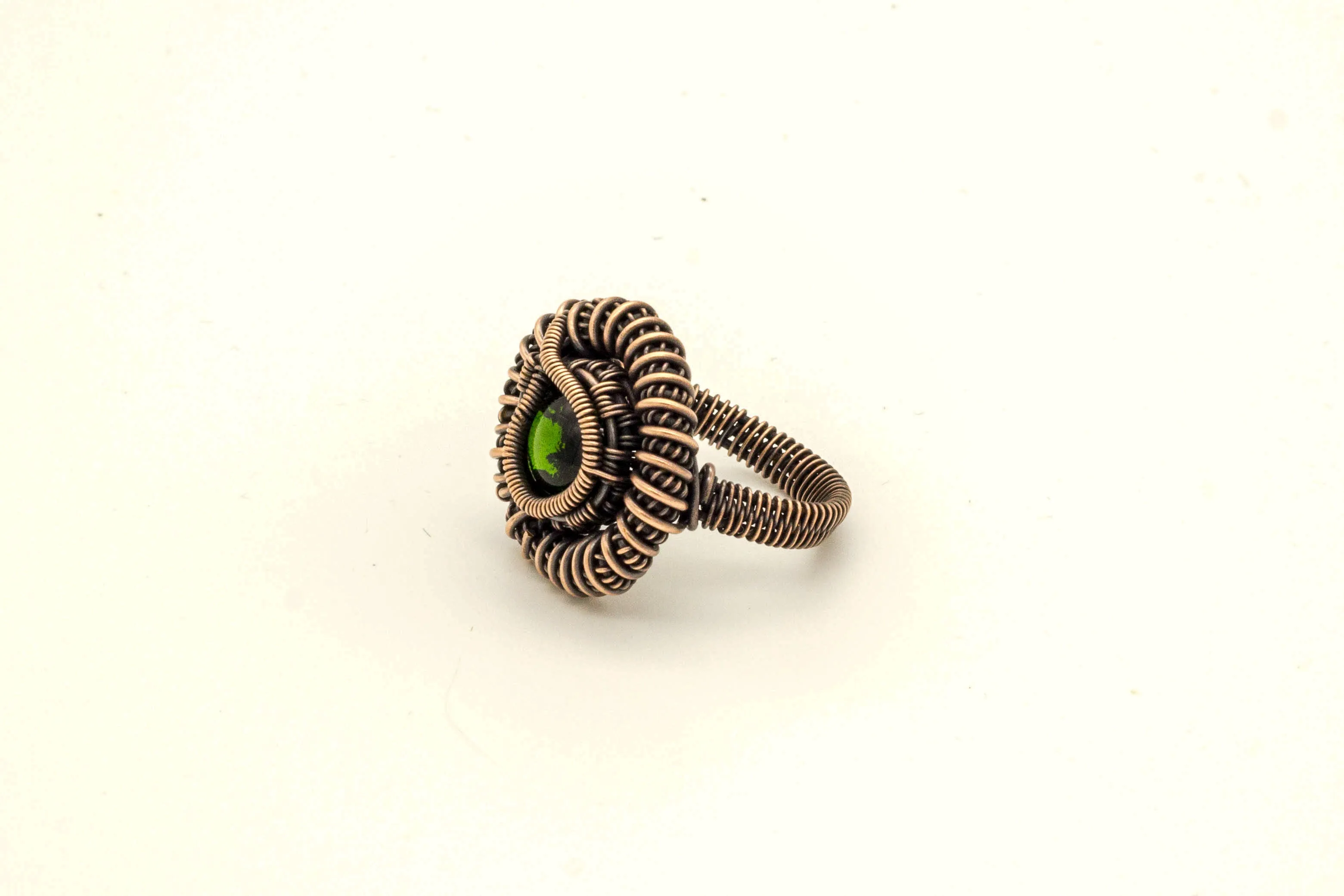 Copper Wire Wrapped Ring with Green Transparent Fused Glass Accent