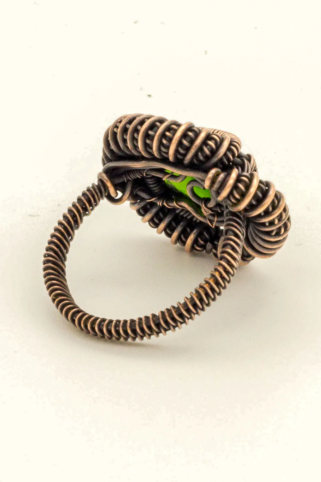Copper Wire Wrapped Ring with Green Transparent Fused Glass Accent