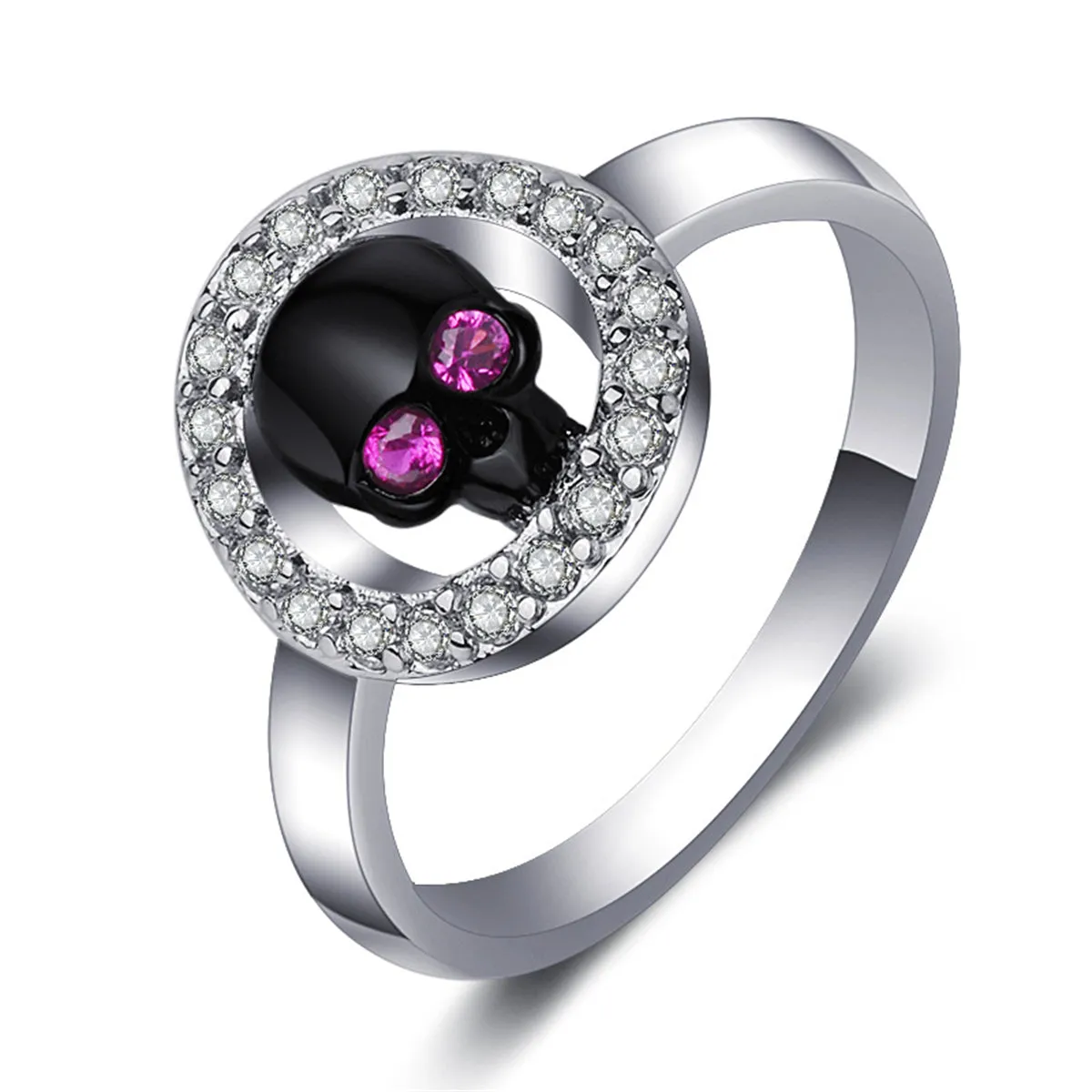 Cubic Zirconia & Silver-Plated Skull Hola Ring