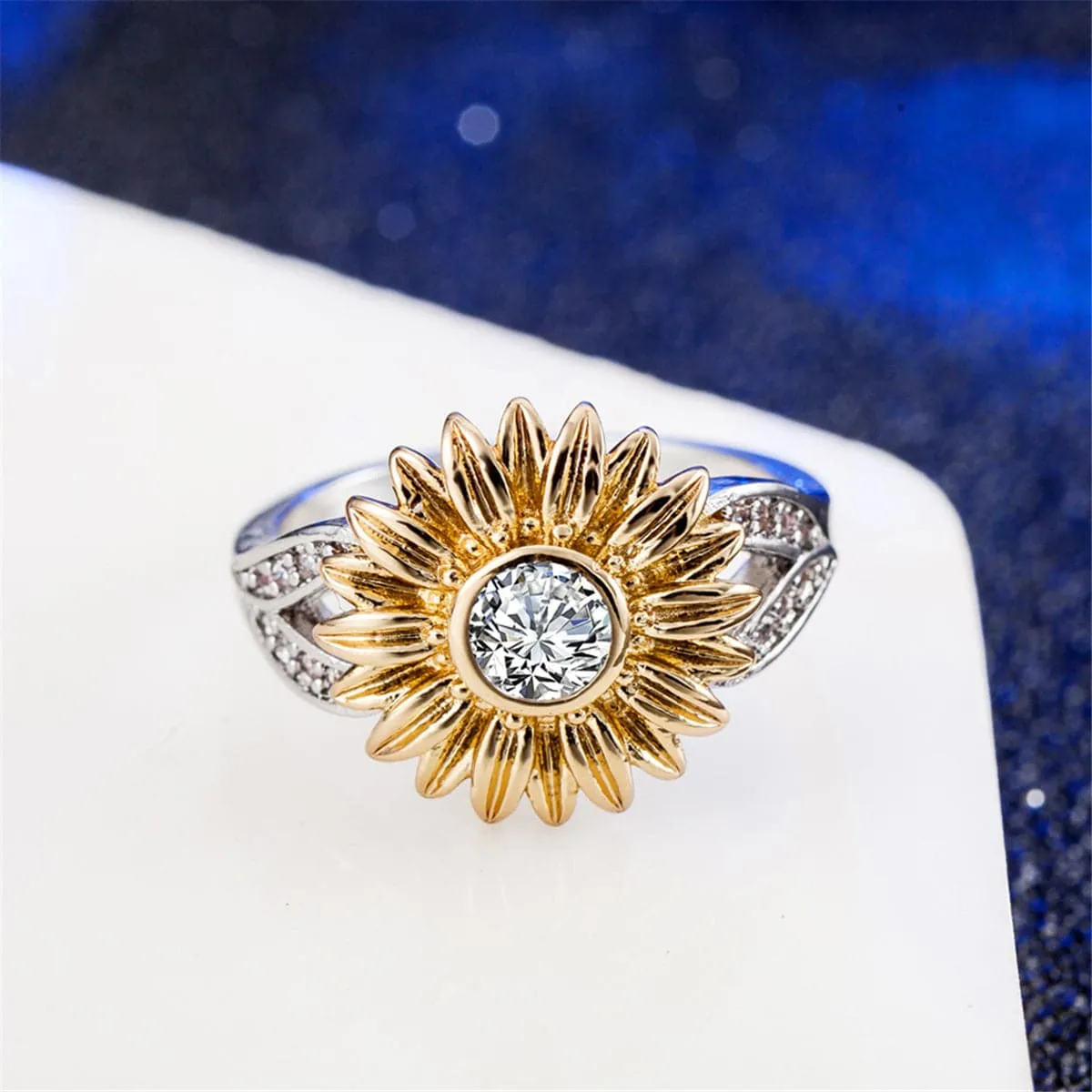 Cubic Zirconia & Two-Tone Sunflower Band Ring