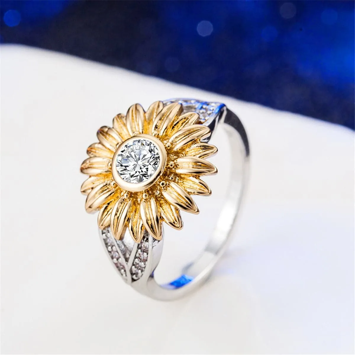 Cubic Zirconia & Two-Tone Sunflower Band Ring