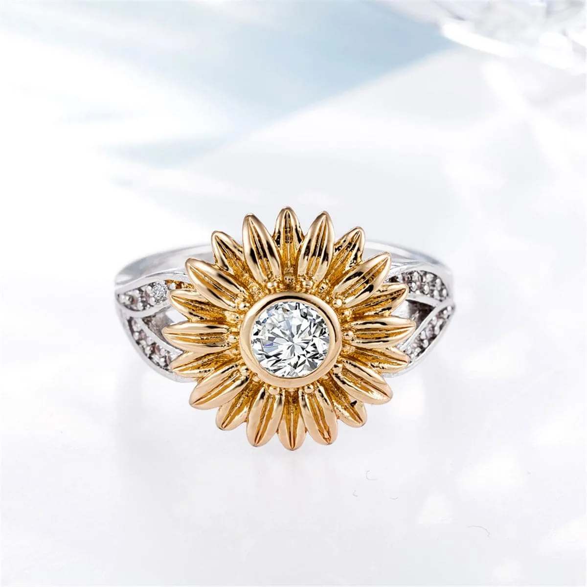 Cubic Zirconia & Two-Tone Sunflower Band Ring