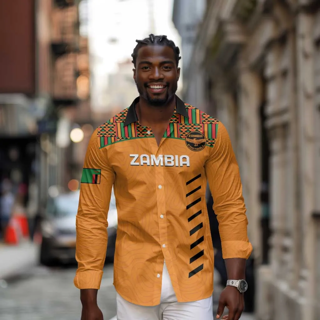 Custom Zambia Football Long Sleeve Button Shirt Copper Queens Kente Pattern LT14