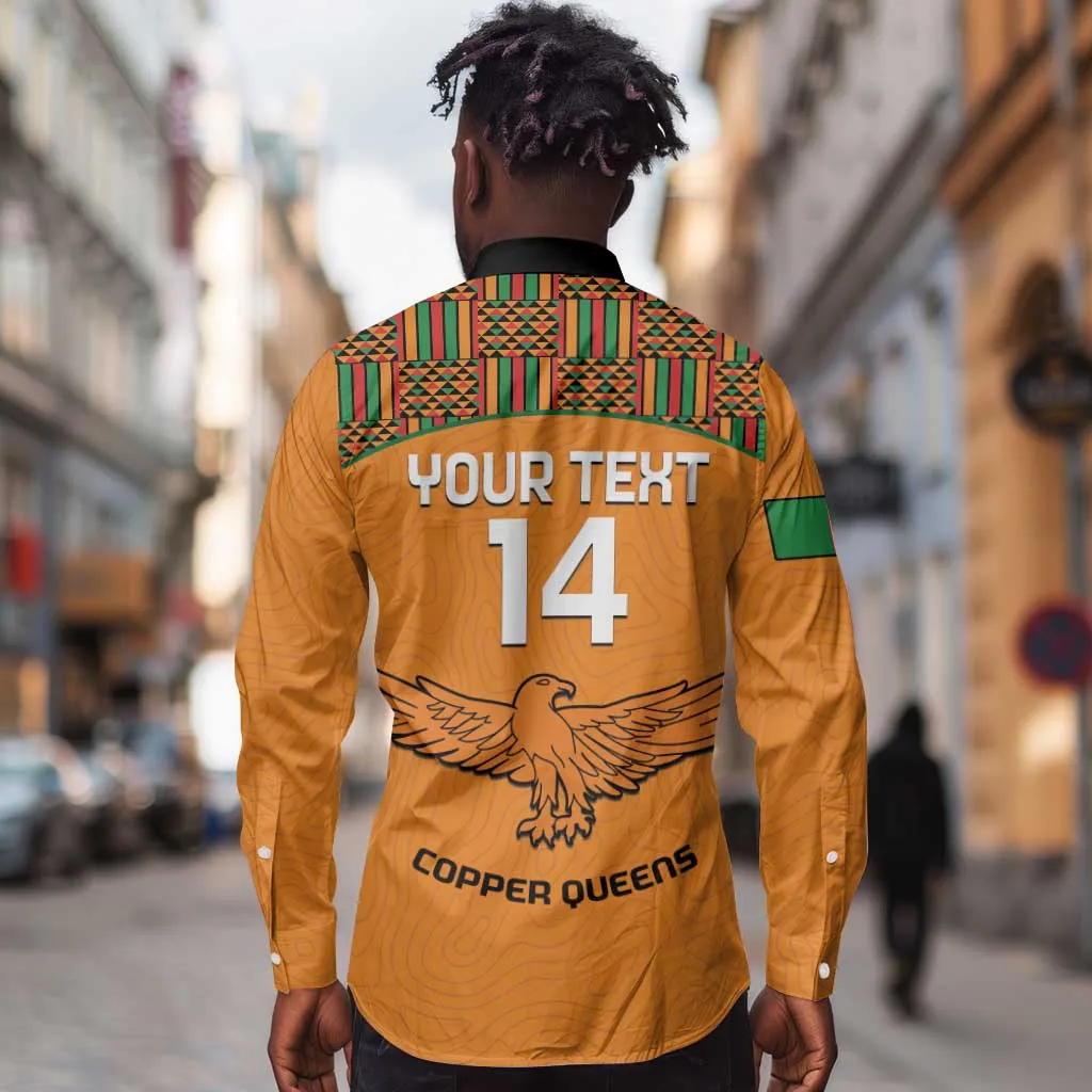 Custom Zambia Football Long Sleeve Button Shirt Copper Queens Kente Pattern LT14