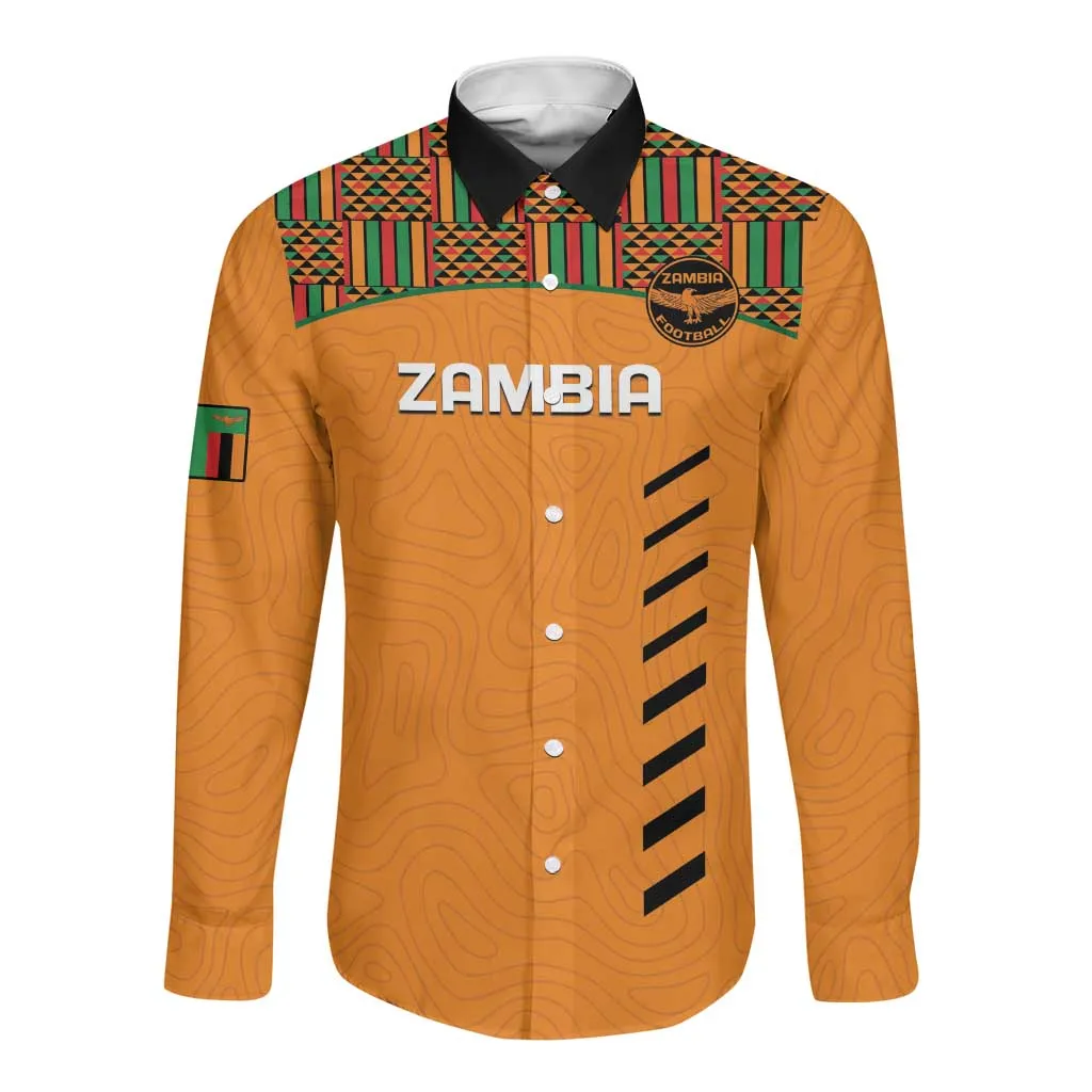 Custom Zambia Football Long Sleeve Button Shirt Copper Queens Kente Pattern LT14