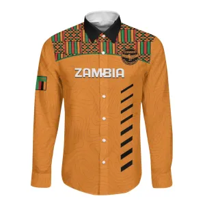 Custom Zambia Football Long Sleeve Button Shirt Copper Queens Kente Pattern LT14