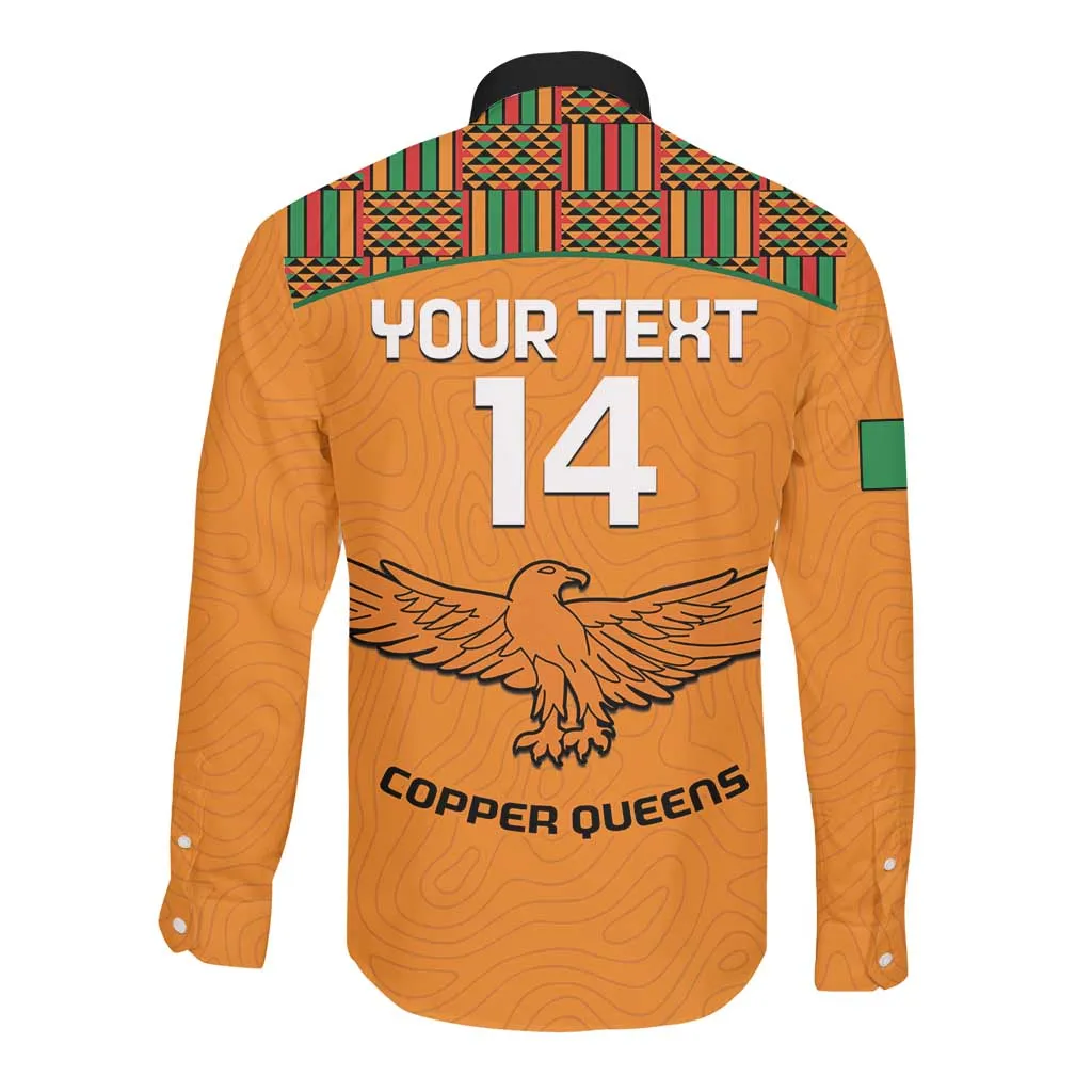 Custom Zambia Football Long Sleeve Button Shirt Copper Queens Kente Pattern LT14