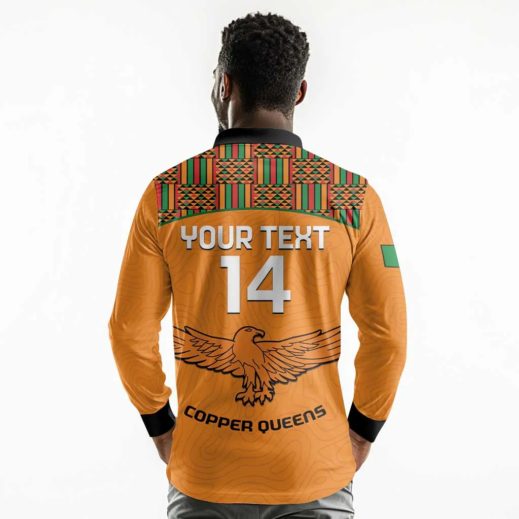 Custom Zambia Football Long Sleeve Polo Shirt Copper Queens Kente Pattern LT14