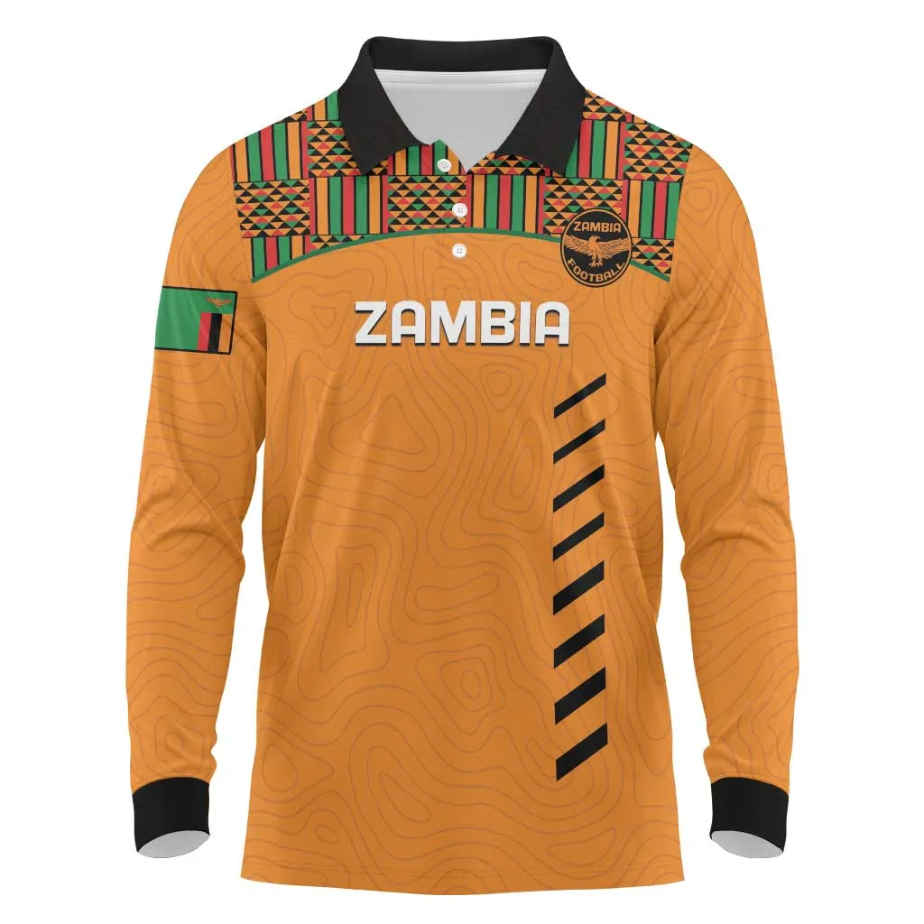 Custom Zambia Football Long Sleeve Polo Shirt Copper Queens Kente Pattern LT14