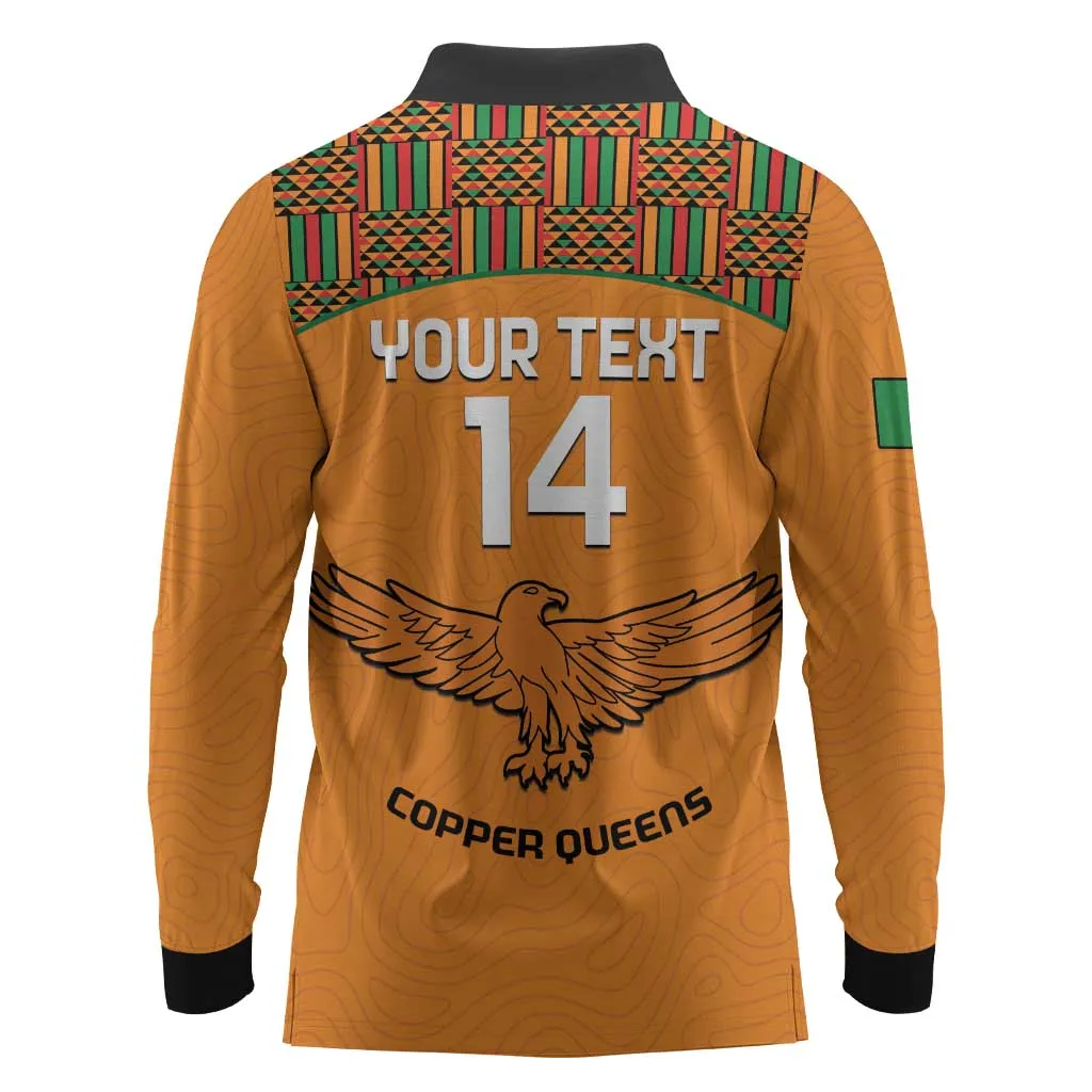 Custom Zambia Football Long Sleeve Polo Shirt Copper Queens Kente Pattern LT14