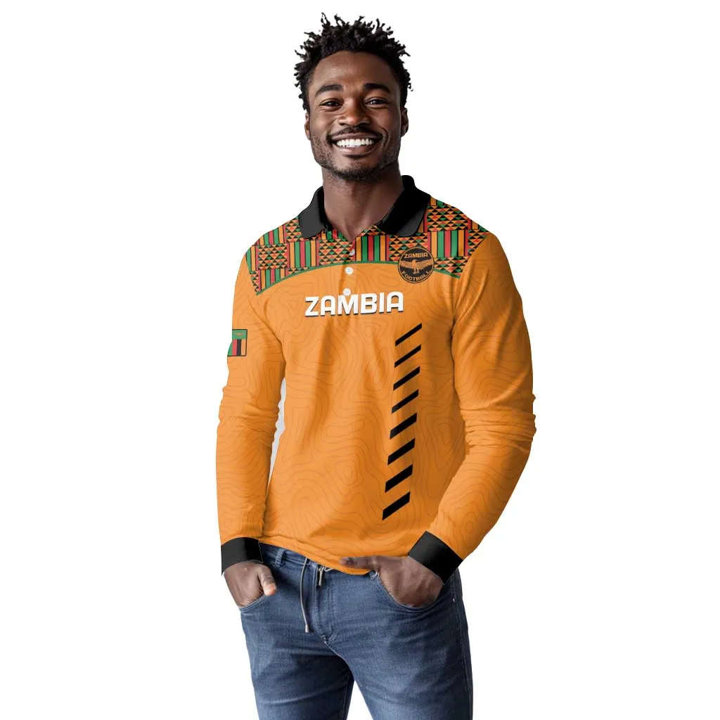 Custom Zambia Football Long Sleeve Polo Shirt Copper Queens Kente Pattern LT14