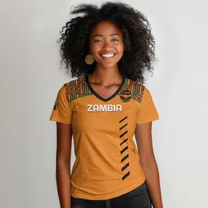 Custom Zambia Football Women V-Neck T-Shirt Copper Queens Kente Pattern LT14