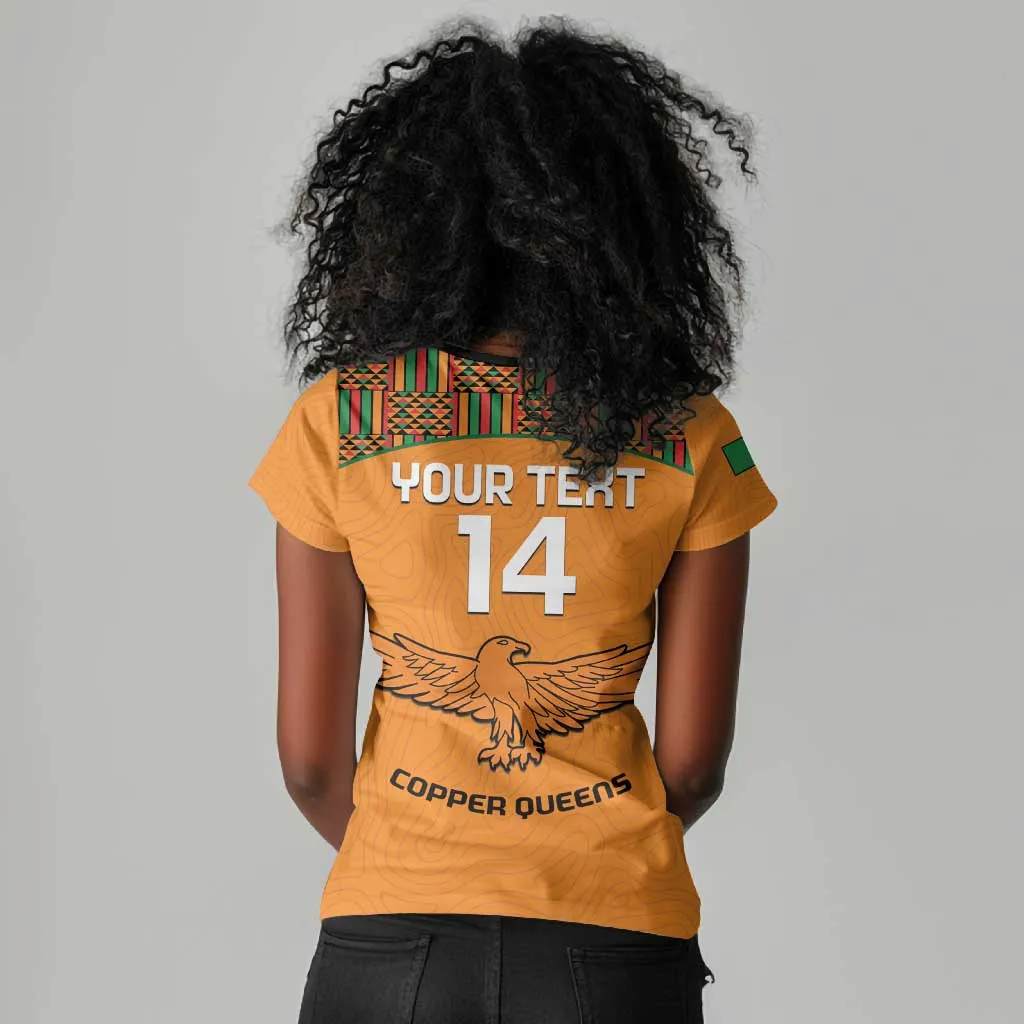 Custom Zambia Football Women V-Neck T-Shirt Copper Queens Kente Pattern LT14