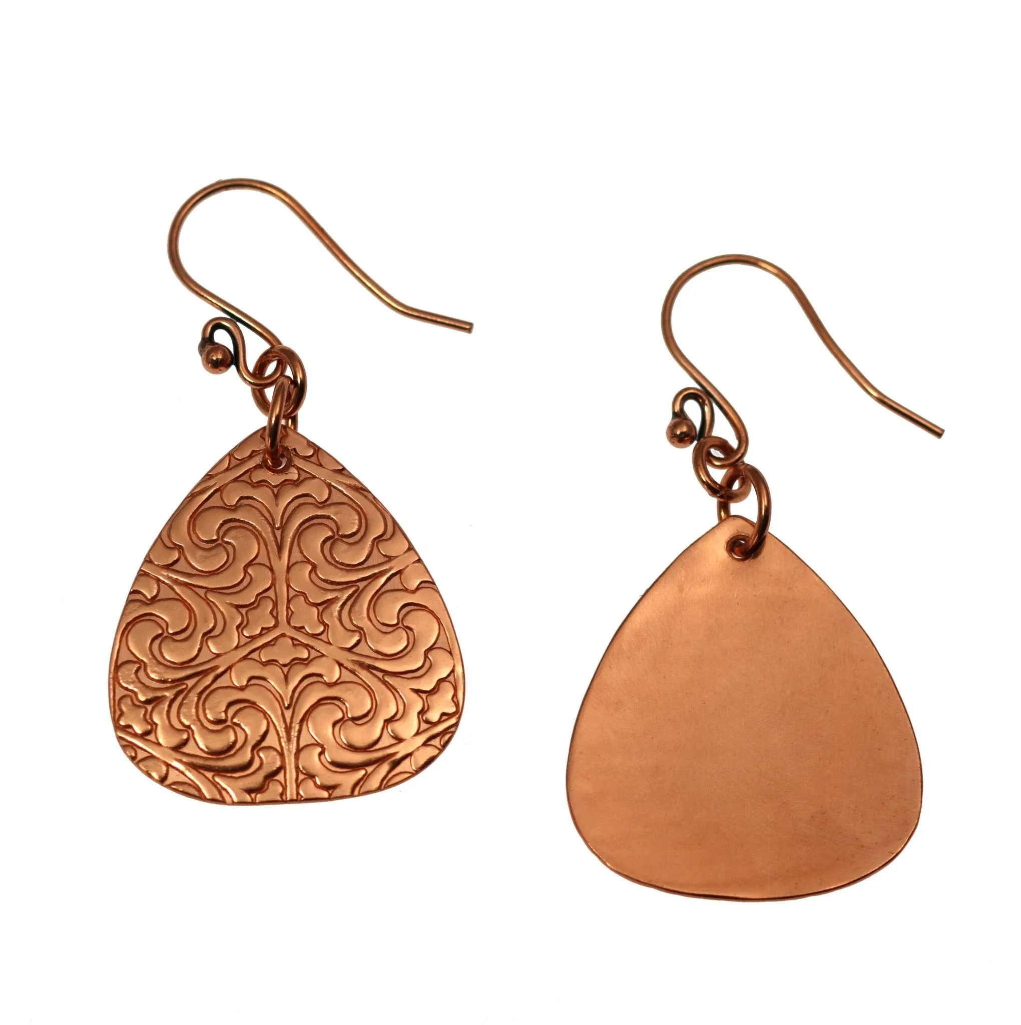 Damask Embossed Copper Triangle Drop Earrings