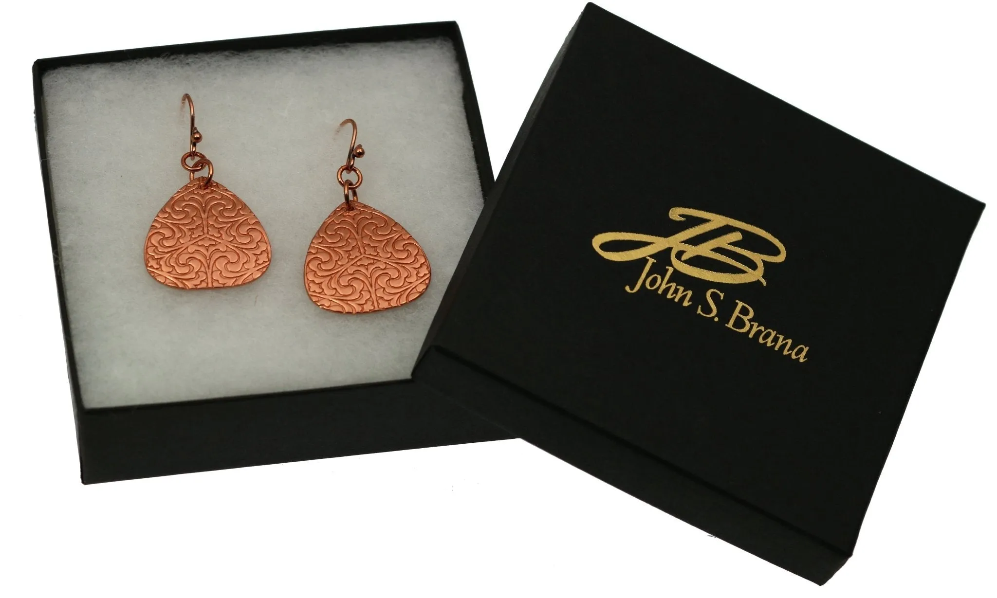Damask Embossed Copper Triangle Drop Earrings