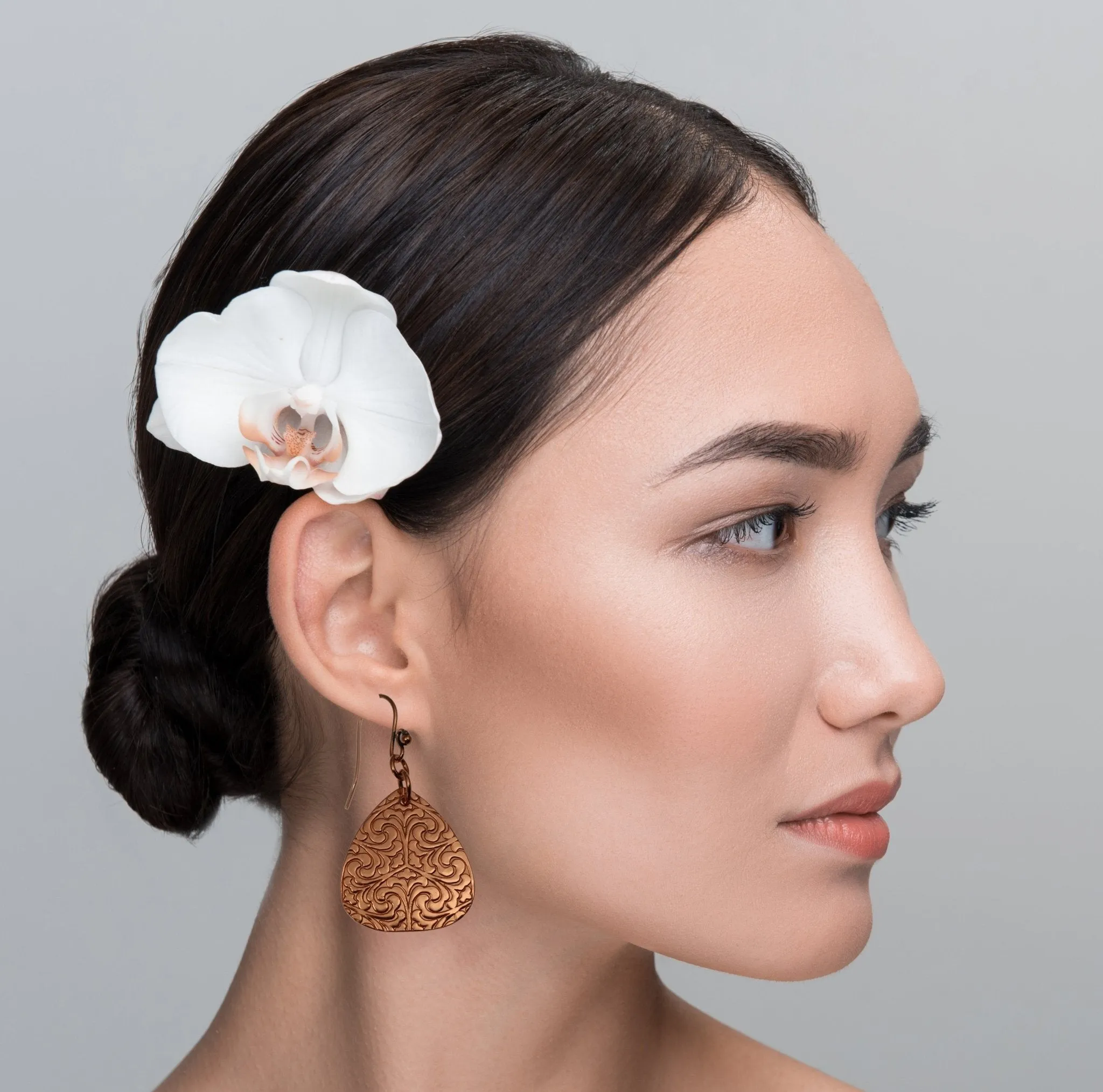 Damask Embossed Copper Triangle Drop Earrings