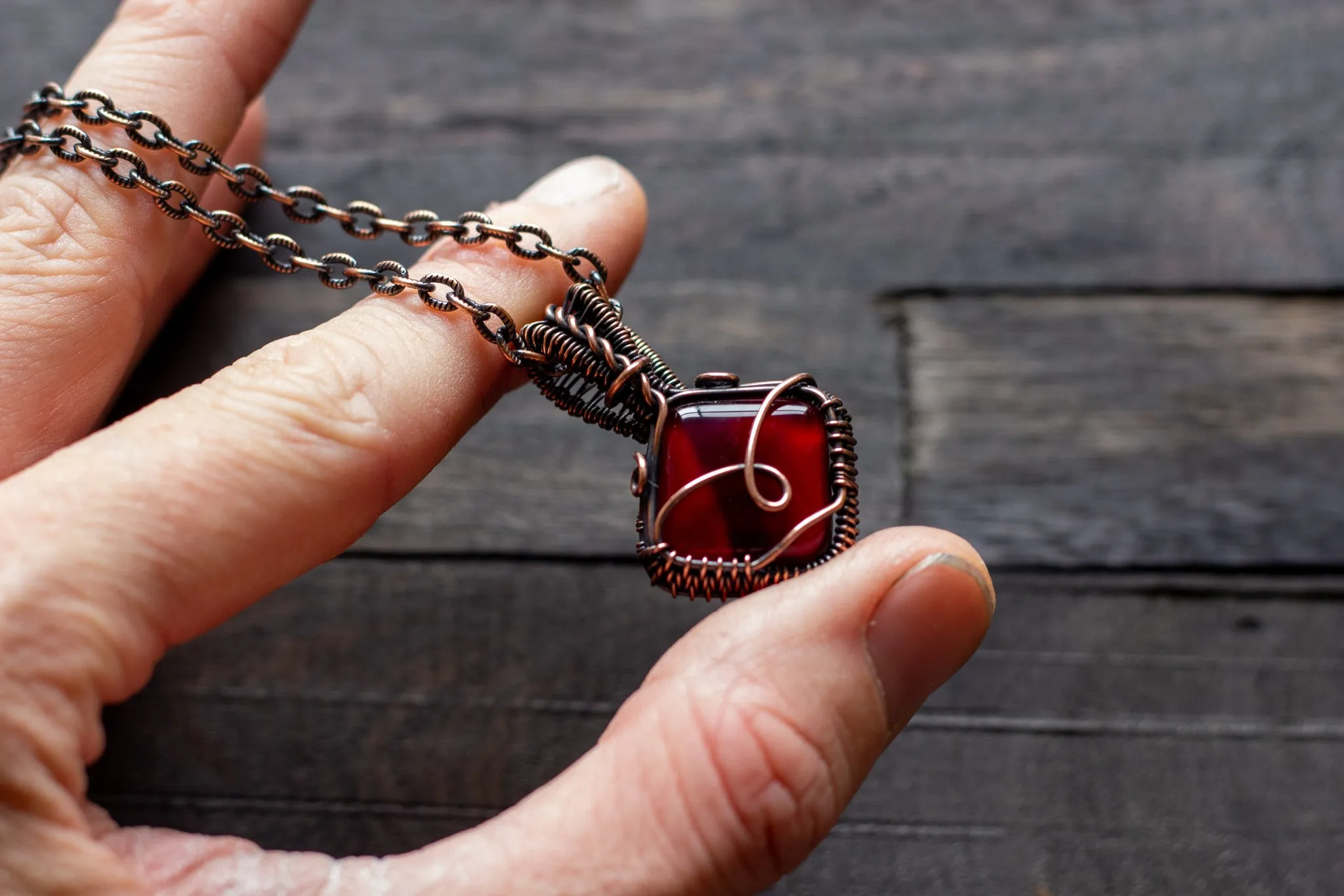 Deep Red Fused Glass Pendant with Copper Wire Wrapping
