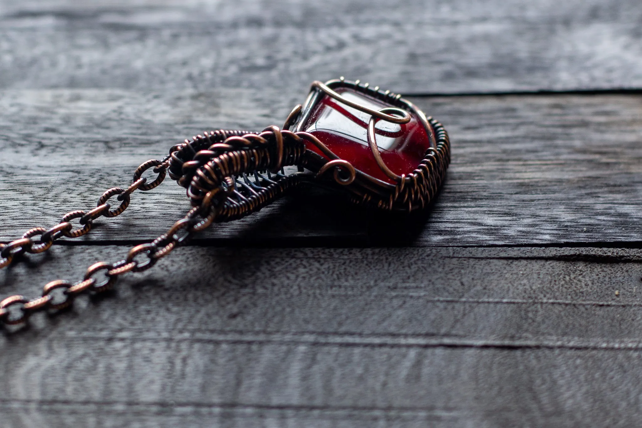 Deep Red Fused Glass Pendant with Copper Wire Wrapping