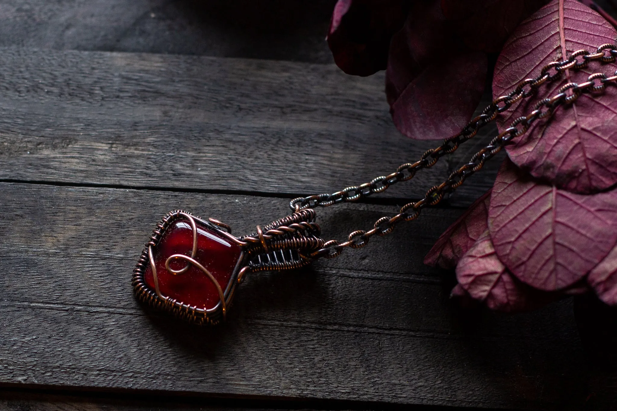 Deep Red Fused Glass Pendant with Copper Wire Wrapping