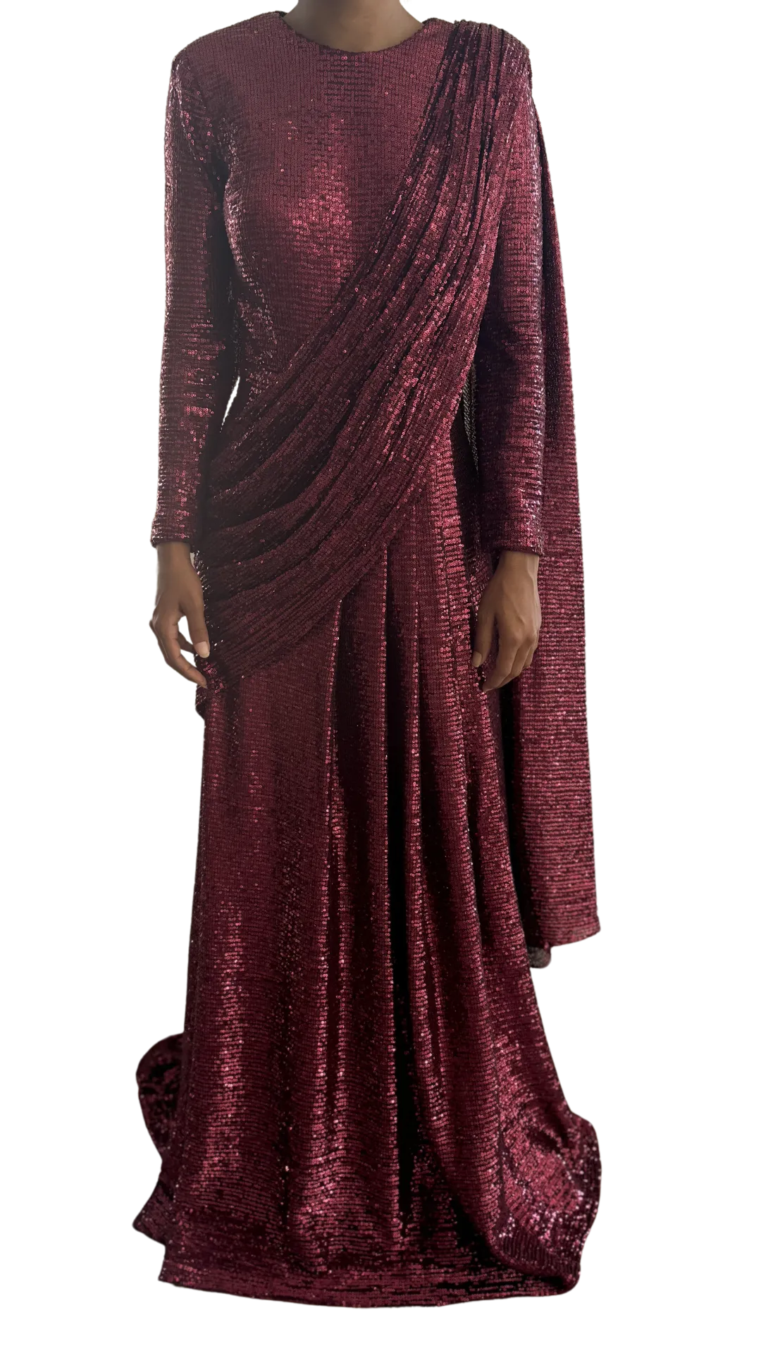 Deep Red Shimmering Sequined Sari Gown