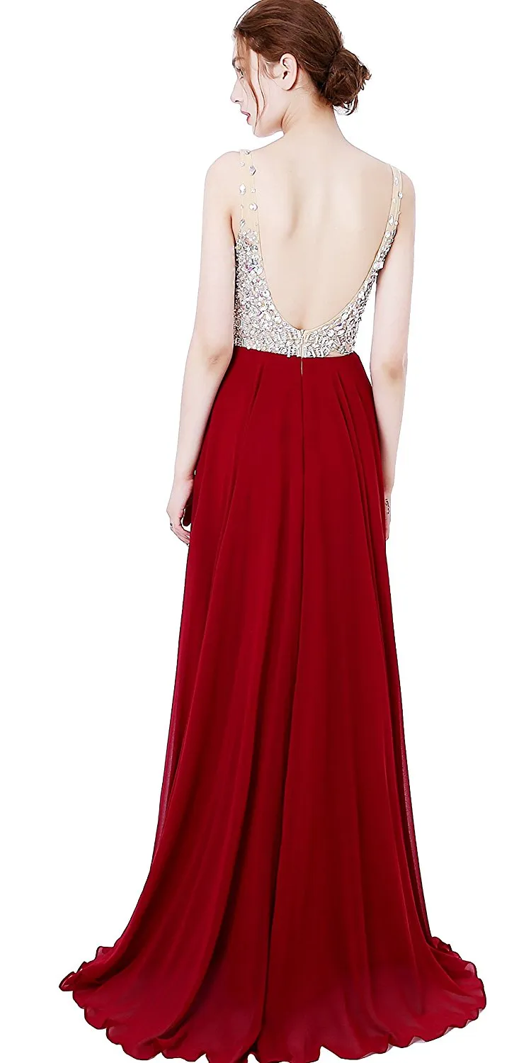 Deep V-neck Beaded Jewelry Prom Dress