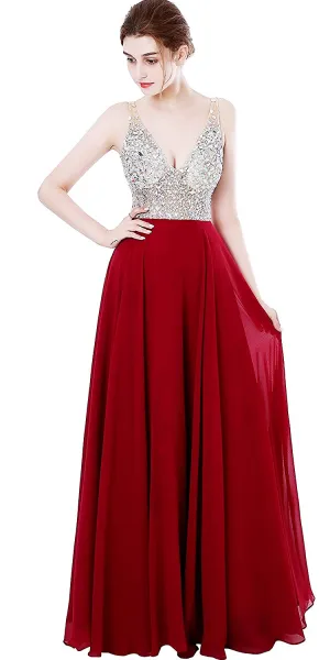 Deep V-neck Beaded Jewelry Prom Dress