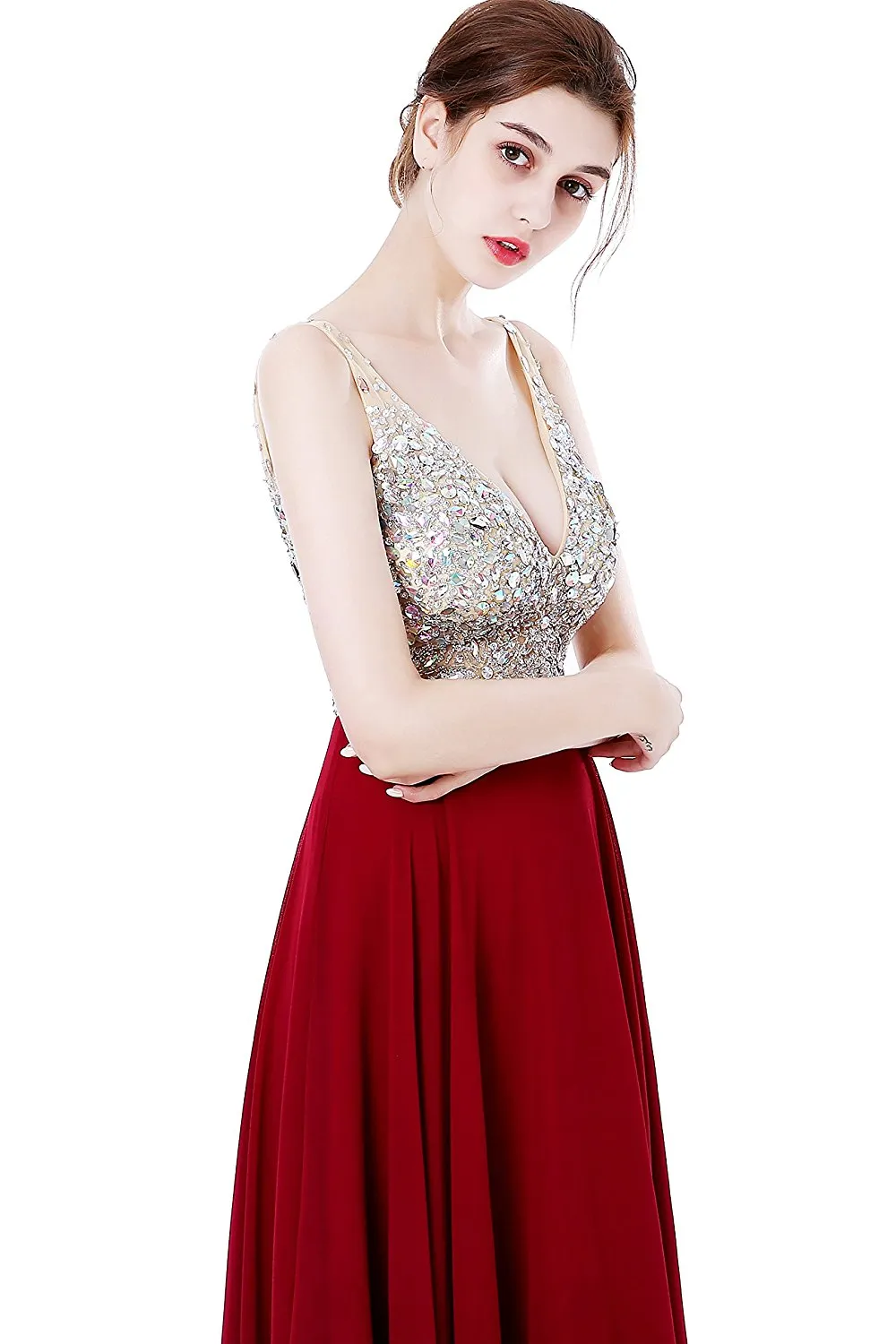 Deep V-neck Beaded Jewelry Prom Dress