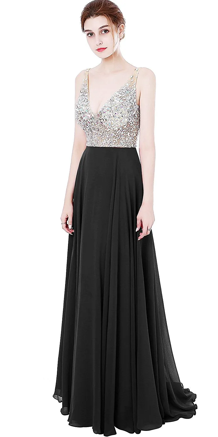 Deep V-neck Beaded Jewelry Prom Dress