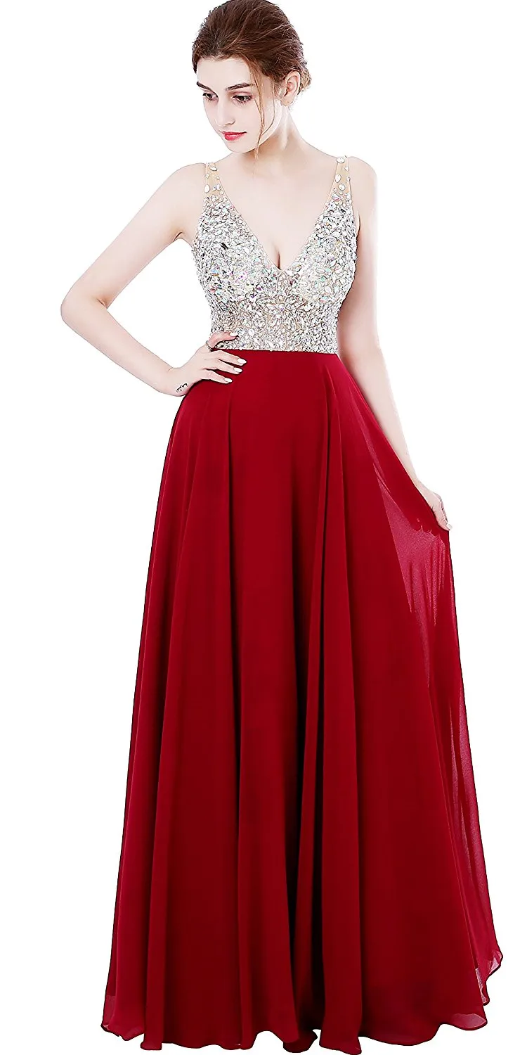 Deep V-neck Beaded Jewelry Prom Dress