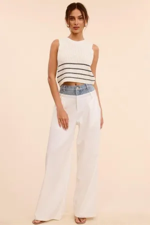 DENIM WAISTBAND SOLID WIDE LEG TROUSER PANT