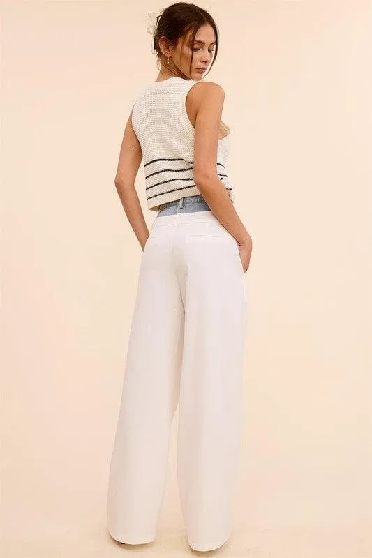 DENIM WAISTBAND SOLID WIDE LEG TROUSER PANT