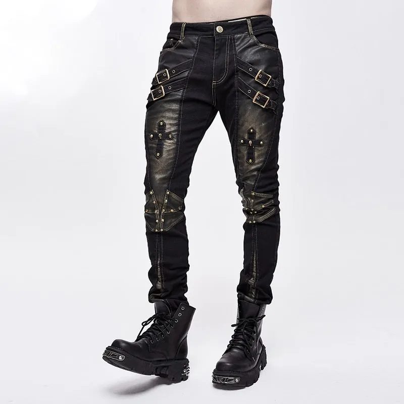 Devil Fashion Punk Rock Trousers Men Metal Buckets Cross Black Long Pants Men Rivets Casual Pants