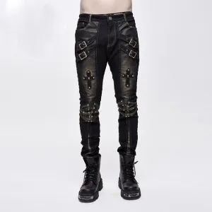 Devil Fashion Punk Rock Trousers Men Metal Buckets Cross Black Long Pants Men Rivets Casual Pants